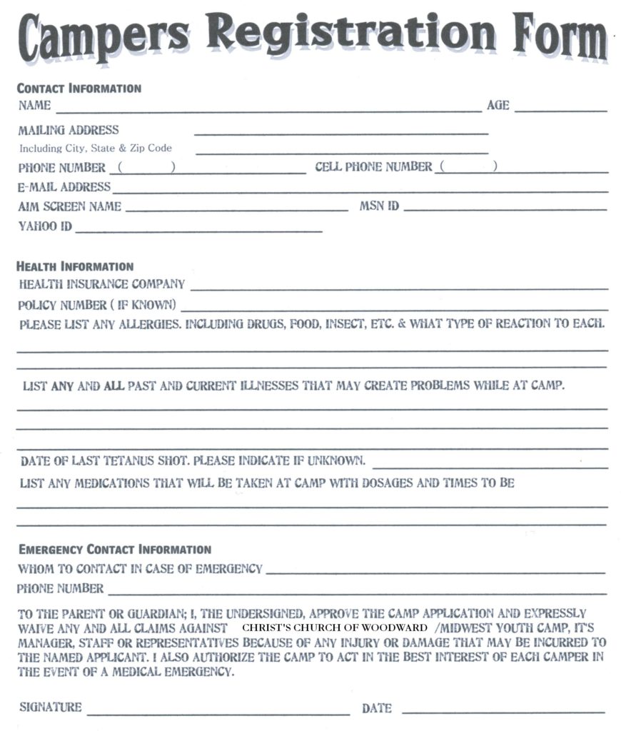 Youth Camp Registration Forms
