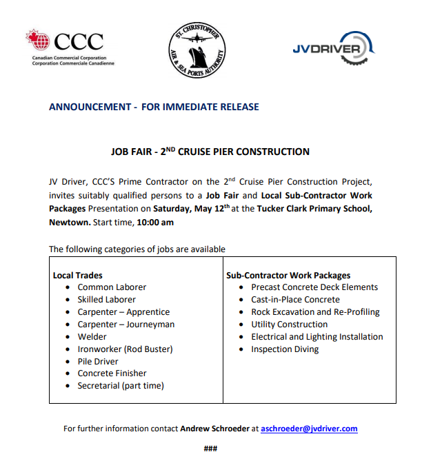 Job Fair – 2nd Cruise Pier Construction – May 12, 2018