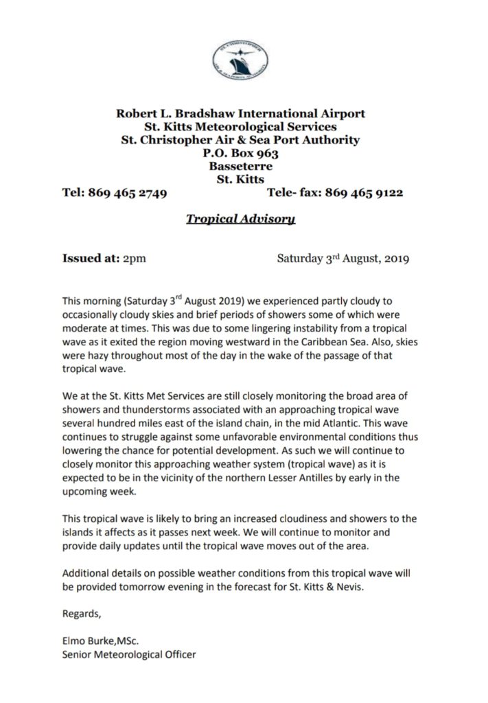 Tropical Advisory (2pm Saturday 3rd August 2019)