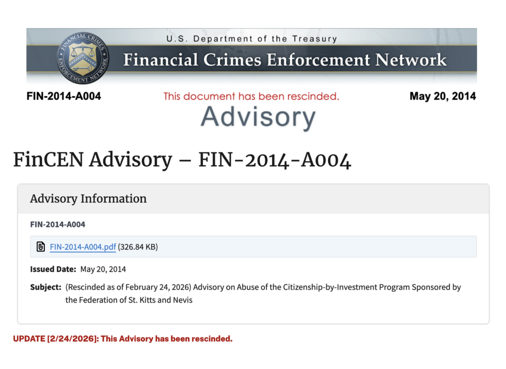 FINCEN RESCINDS 2014 ADVISORY – A MILESTONE ACHIEVEMENT FOR SAINT KITTS AND NEVIS
